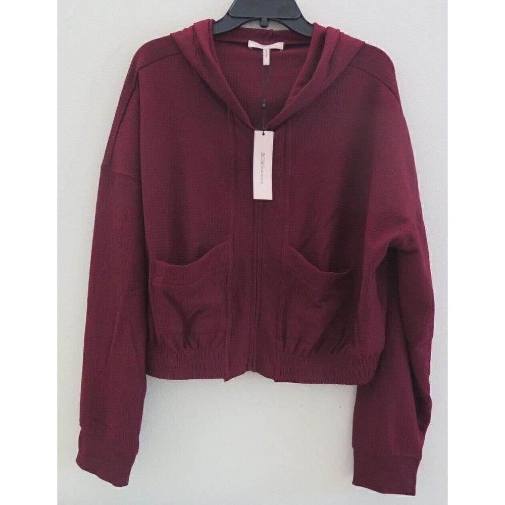 BCBGeneration Women's Sz L Wine Short Waffle Knit Slouchy Zip Up Hoodie $98+